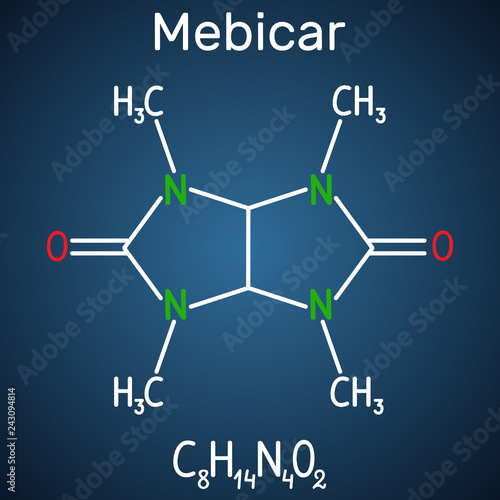 Mebicar (mebicarum) anxiolytic drug molecule. Structural chemical formula on the dark blue background
