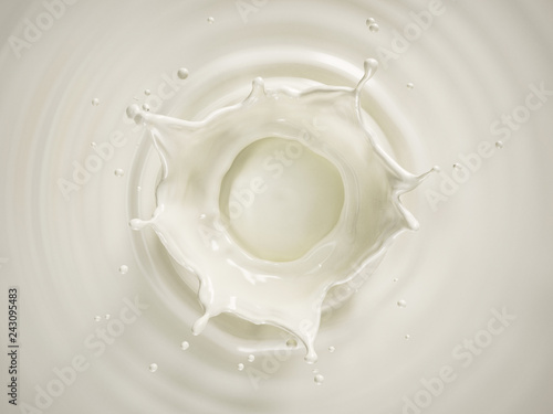 Milk crown splash in milk pool with ripples. Top view.