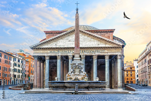 Pantheon in Rome, Italy, view on the temple and the fountain with a column in Rotonda Sqaure
