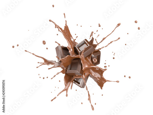 Chocolate blocks splashing into a liquid chocolate splash burst.