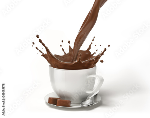 White cup on saucer with spoon, with chocolate splash in it.