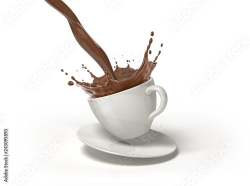 White cup on saucer  with liquid chocolate pour and splash.