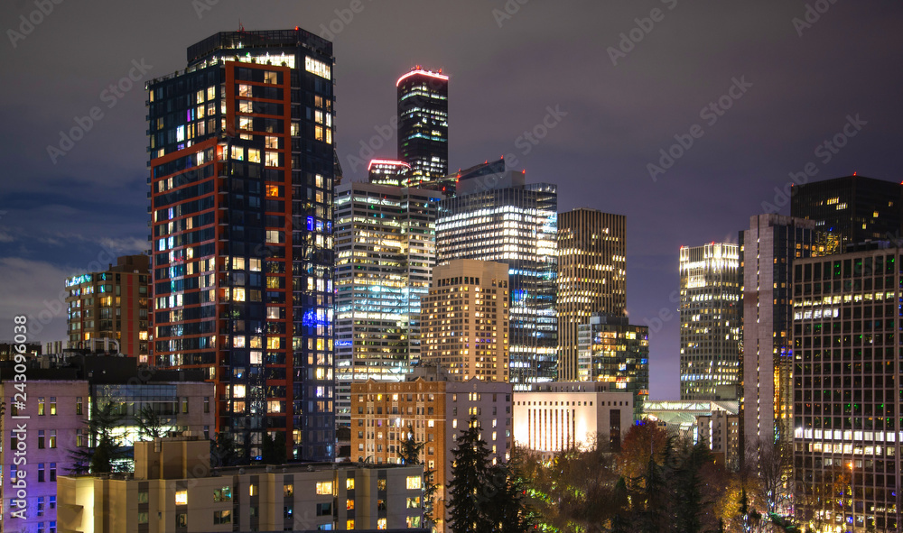 The Seattle Skyline downtown at night