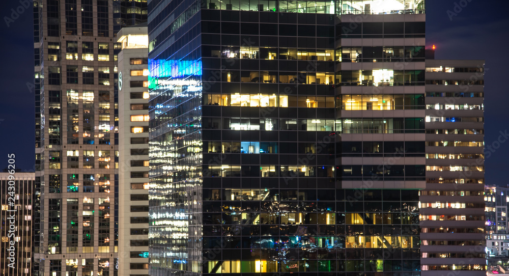 Night view of office building window close up