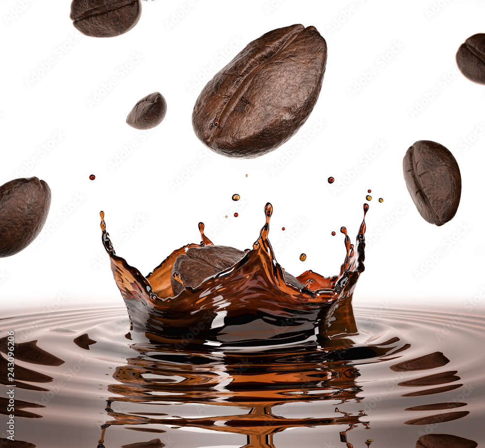Coffee beans falling splashing in a pool of coffee with crown splash. Stock  Photo | Adobe Stock
