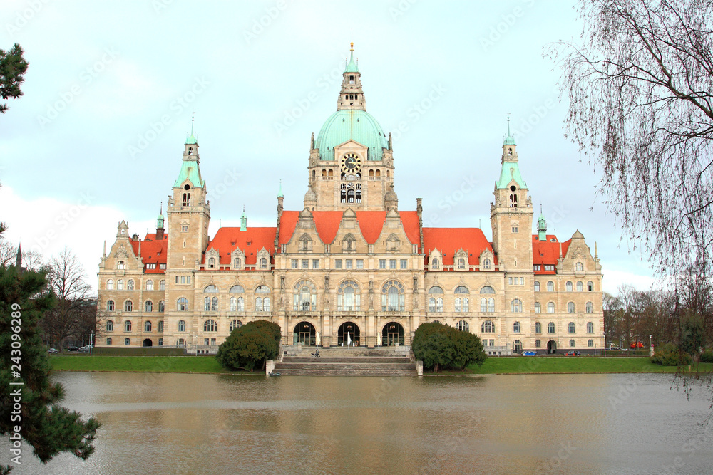 Hannover town hall and river in Hannover, Germany 
