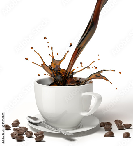 Liquid coffee pour and splash in a white cup on saucer.