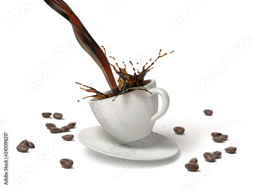 Pouring coffee with splash in white cup jumping on saucer.