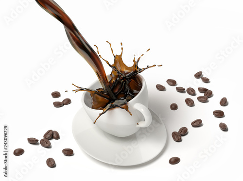 Liquid coffee pour and splash in a white cup on saucer.