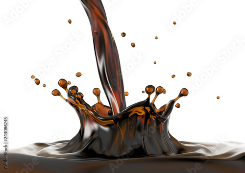 Liquid coffee pouring and splash close up. On white background.
