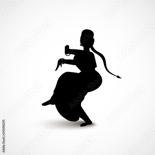 Silhouette of Indian dancing woman dressed in a traditional sari dress isolated on white backgroung