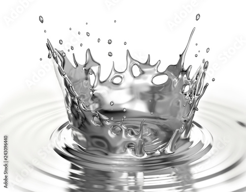 Liquid metal crown splash in liquid metal pool with ripples.