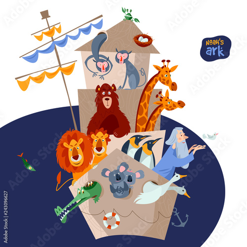 Bible story. Noah’s ark with various animal pairs (monkey, bear, giraffe, lion, penguin, crocodile, koala, goose, pigeon, crab).
