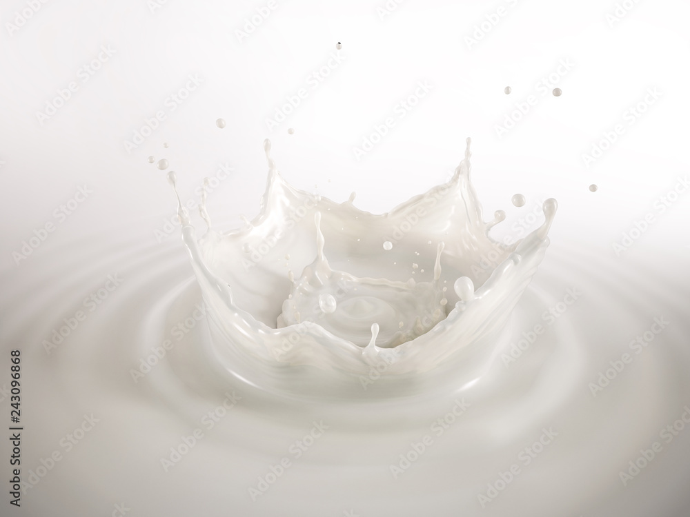 Milk double crown splash, splashing in milk pool with ripples.