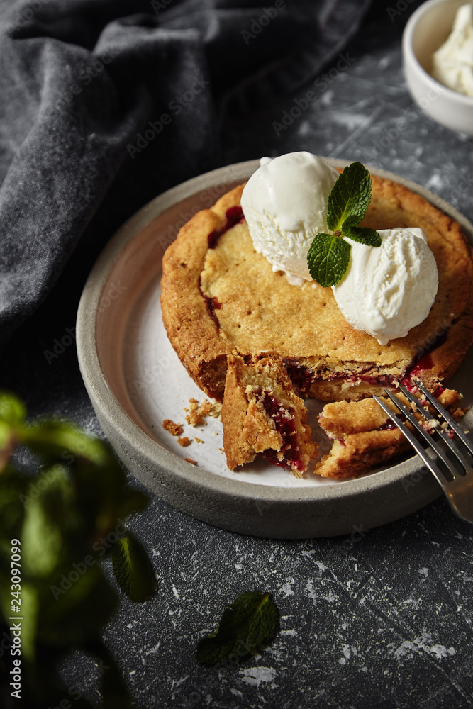 shortcrust pie with raspberry and a ball of ice cream shortcrust pie with raspberry and a ball of ice cream