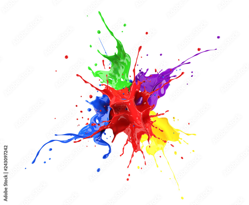 Obraz premium Red, blue, violet, yellow and green paint splash explosion.