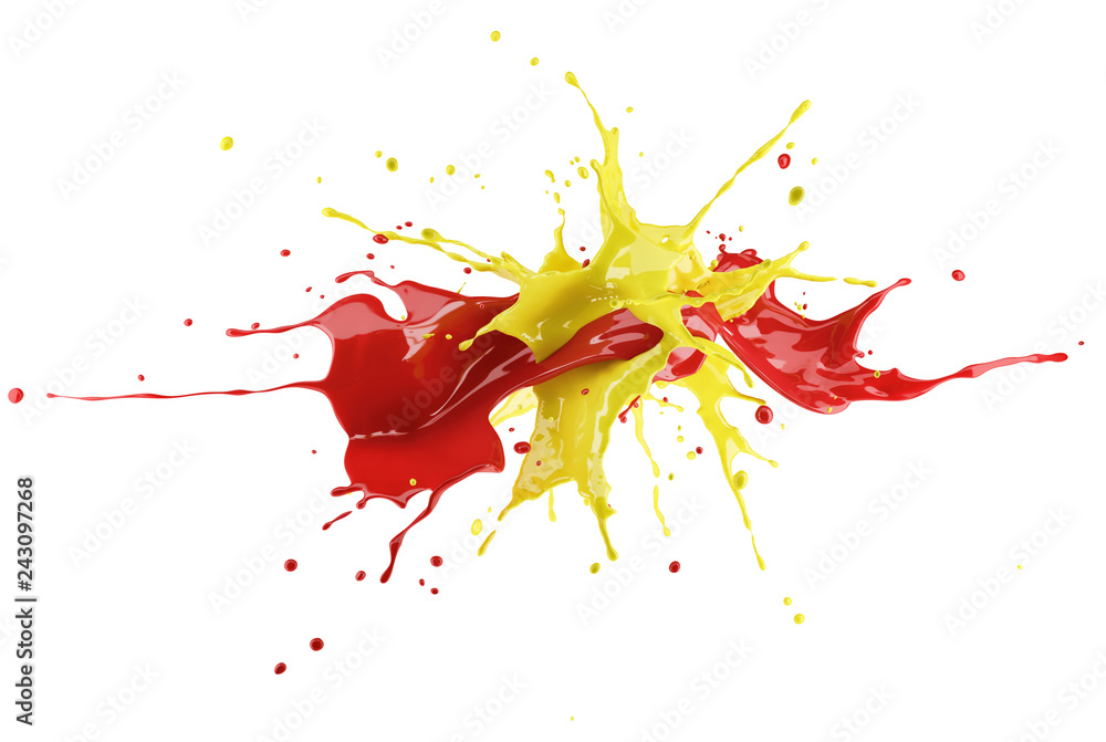 Red and yellow paint splash explosion, splashing against each other.