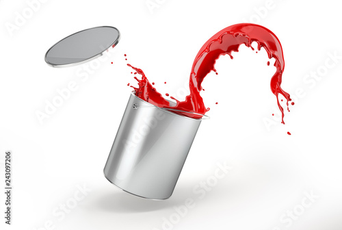 silver bucket full of vibrant red paint, jumping with paint splashing.
