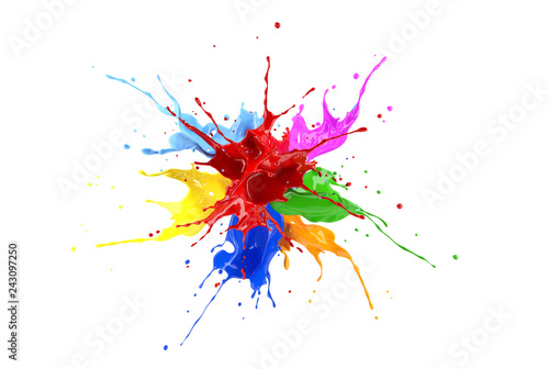 Red, blue, pink, yellow, light blue, orange and green paint splash explosion.
