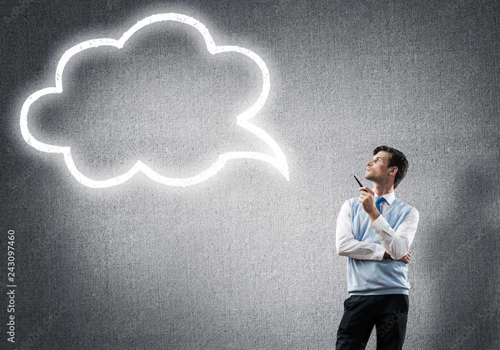 Elegant banker wearing red tie and cloud as idea concept