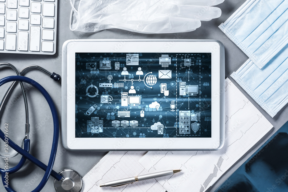 Concept of modern medicine with tablet on table from top view Concept of modern medicine with tablet on table from top view