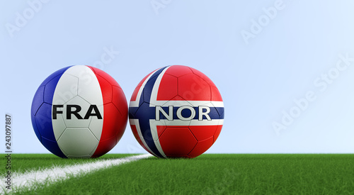 France vs. Norway Soccer Match - Soccer balls in France and Norway national colors on a soccer field. Copy space on the right side - 3D Rendering 