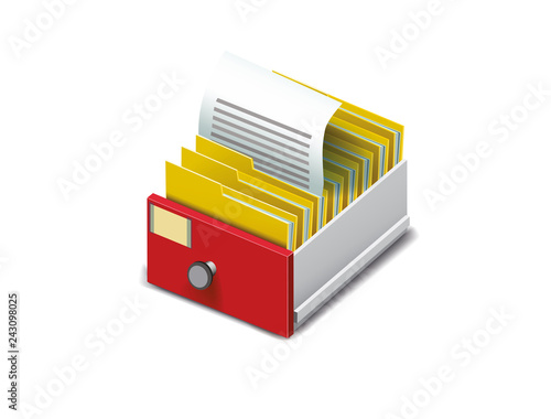 Archive. Folder in the archives. Drawer with folders for files. Isometric archive. Archive documents. Archival document. Database. Open card catalog. Vector illustration Eps10 file