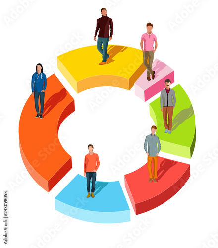 People related to share market. Isometric flat 3D business concept of market share. Business infographic share of the market. Market share business concept. Business infographic pie chart. Flat design