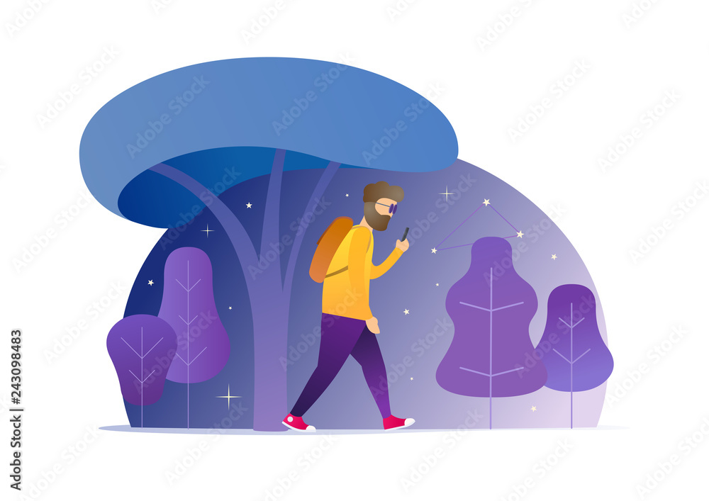 Man using online services in phone. Hipster looking at mobile phone apps. Modern style vector illustration for landing page, website, banners and presentation.