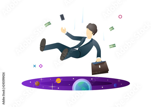 Shocked business man falling down after making work mistake. Man falling in the portal. Finance crisis concept. Modern style vector illustration for landing page, website, banners and presentation.