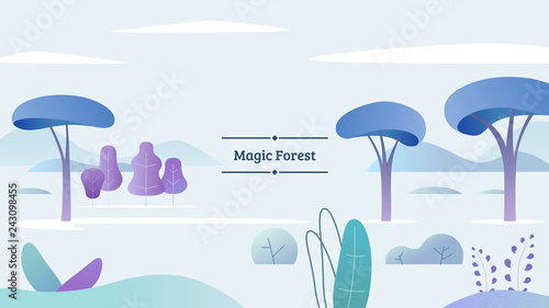 Flat magic forest template. Fantasy space. Spring time. Modern style vector illustration for landing page, website, banners and presentation.