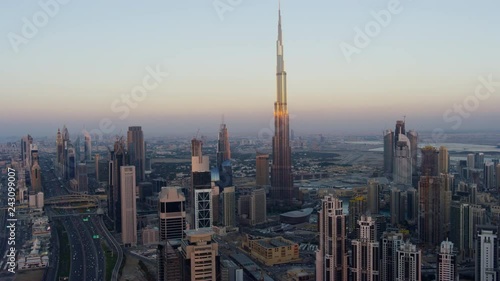 Aerial sunset view Burj Khalifa Dubai city Skyscrapers photo