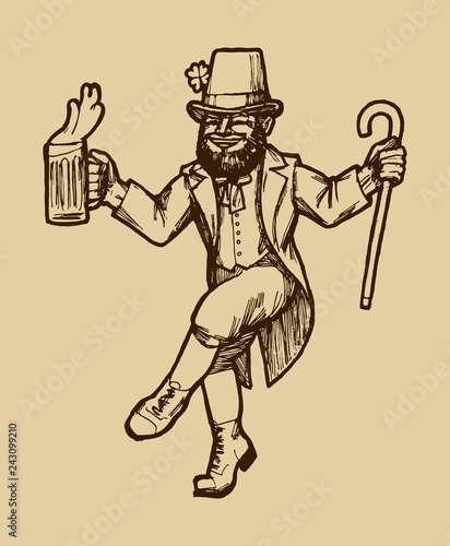 Vintage St. patrick's Day Leprechaun - realistic etching style vector illustration