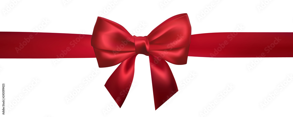 Realistic red bow with horizontal red ribbons isolated on white. Element for decoration gifts, greetings, holidays. Vector illustration Realistic red bow with horizontal red ribbons isolated on white. Element for decoration gifts, greetings, holidays. Vector illustration