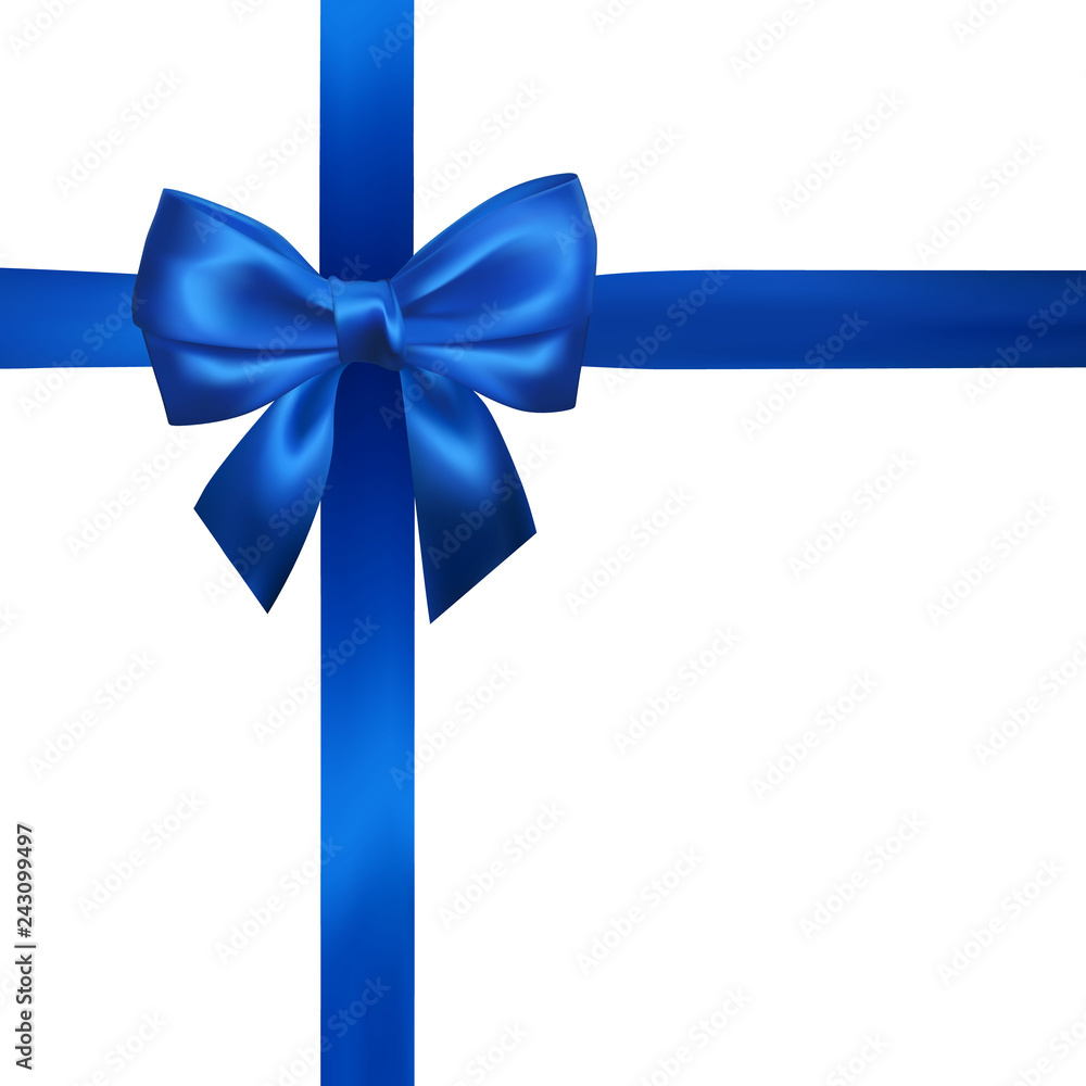 Realistic blue bow with blue ribbons isolated on white. Element for decoration gifts, greetings, holidays. Vector illustration Realistic blue bow with blue ribbons isolated on white. Element for decoration gifts, greetings, holidays. Vector illustration