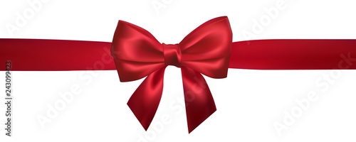 Realistic red bow with horizontal red ribbons isolated on white. Element for decoration gifts, greetings, holidays. Vector illustration