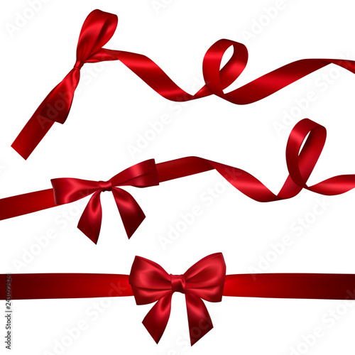Set of Realistic red bow with long curled red ribbon. Element for decoration gifts, greetings, holidays, Valentines Day design. Vector illustration