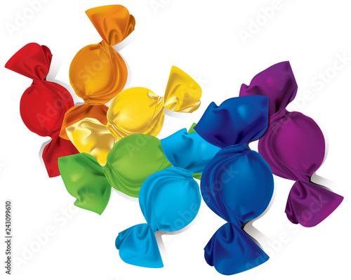 Round candy in a wrapper. Candy wrappers all colors rainbow. Vector