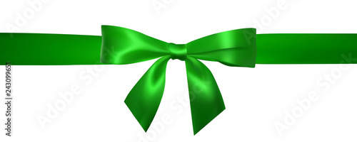 Realistic green bow with horizontal green ribbons isolated on white. Element for decoration gifts, greetings, holidays. Vector illustration