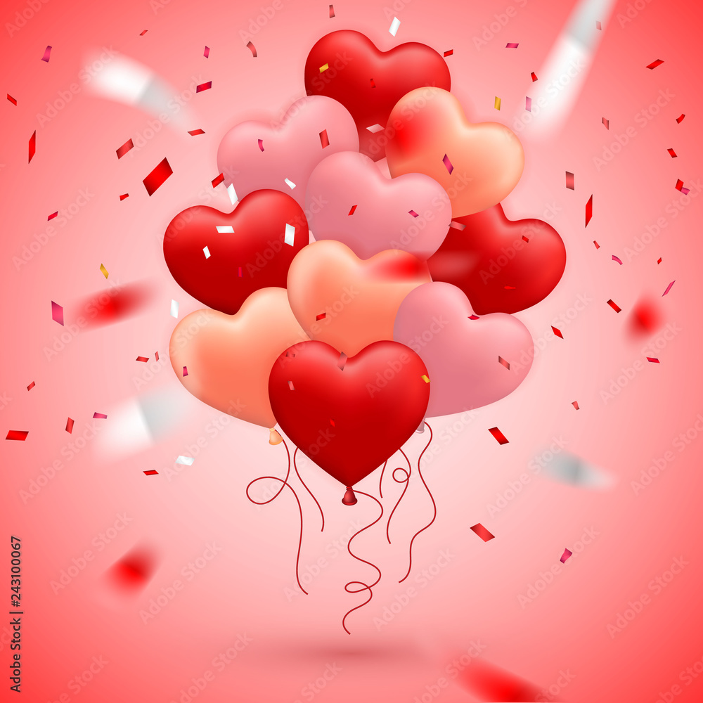 Happy Valentines Day, red, pink and orange balloon in form of heart with ribbon vector image