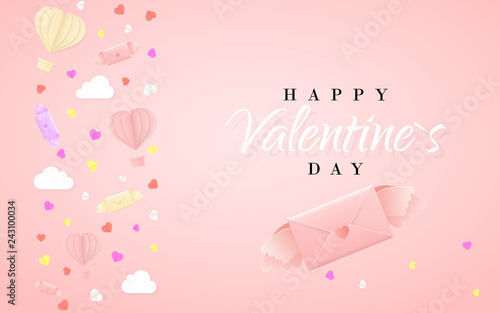 Happy valentines day invitation card template with origami paper hot air balloon in heart shape, paper letter, white clouds and confetti. Pink background. Vector illustration © Oleh
