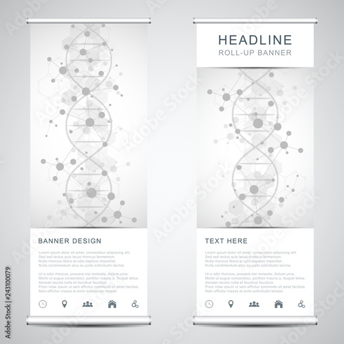 Roll up banner stands with DNA strand and molecular structure. Genetic engineering or laboratory research. Abstract geometric texture for medical, science and technology design.