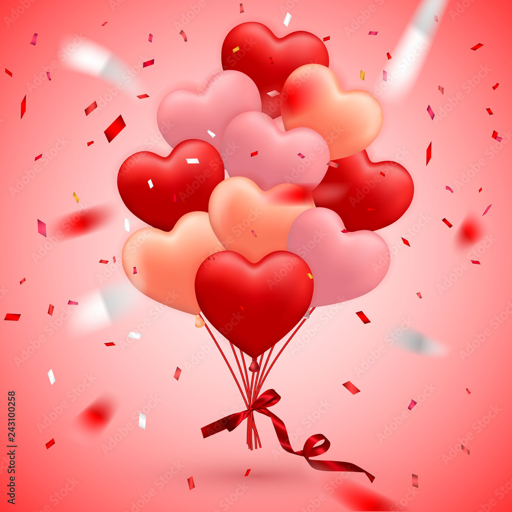 Happy Valentines Day background, red balloon in form of heart with bow, ribbon and confetti. Vector illustration