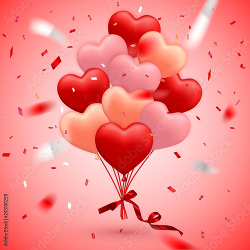 Happy Valentines Day background  red balloon in form of heart with bow  ribbon and confetti. Vector illustration