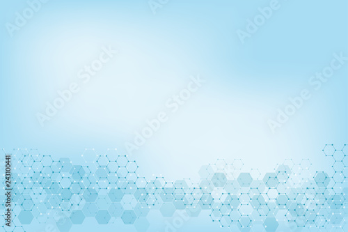 Geometric background texture with molecular structures and chemical engineering. Abstract background of hexagons pattern. Vector illustration for medical or scientific and technological modern design.