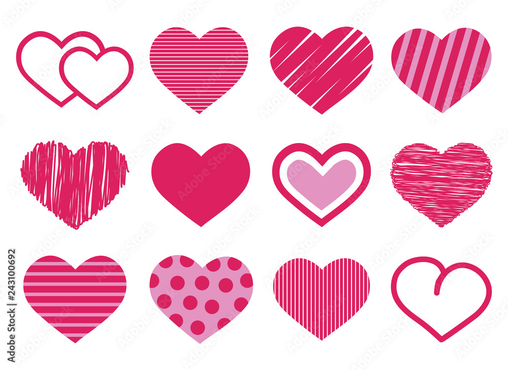 set of 12 various cute red and pink heart vector icon with stripes and dots isolated on white, eps 10 illustration