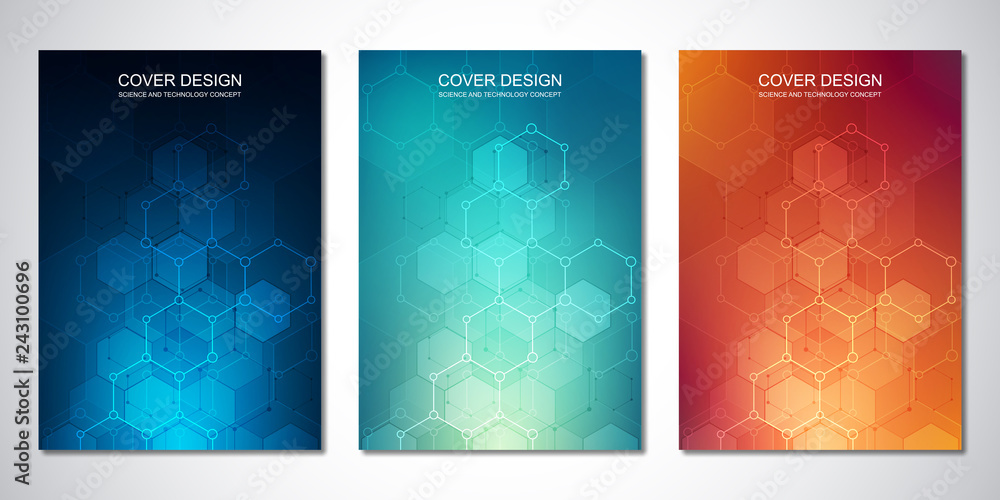 Fototapeta premium Vector template for cover or brochure, with hexagons pattern and technological background. Abstract geometric texture and hi-tech digital background.