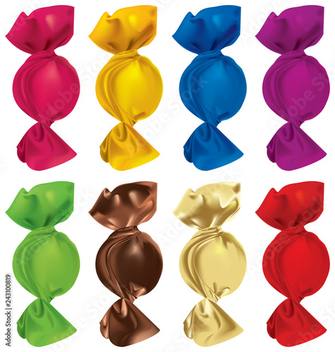 A set of candies in wrappers of different colors. Vector