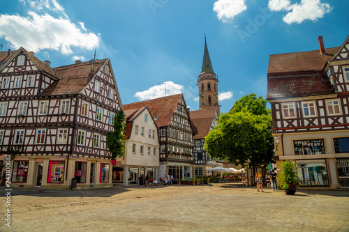 Schorndorf, main square of historical centre and a tower of Stadtkirche church, a town in Baden-Württemberg, Germany