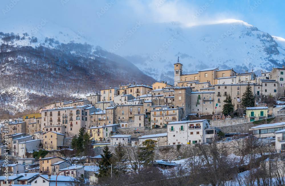 Panoramic view in Barrea during winter season. Province of L'Aquila, Abruzzo, Italy.